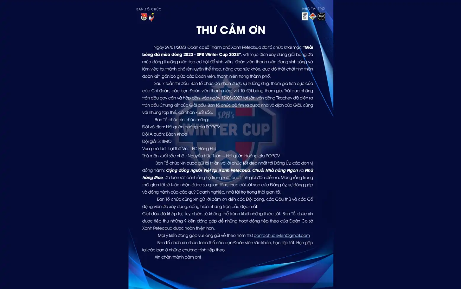 thu cam on tu doan co so va ban to chuc giai bong da st petersburg