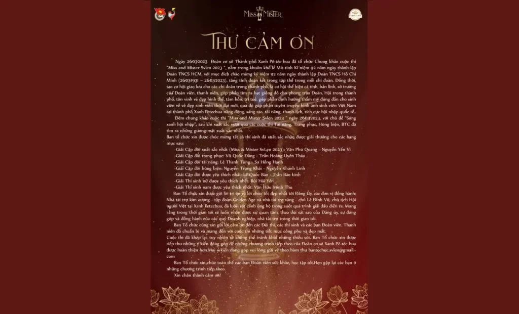 thu cam on tu ban to chuc miss mister svlen 2023