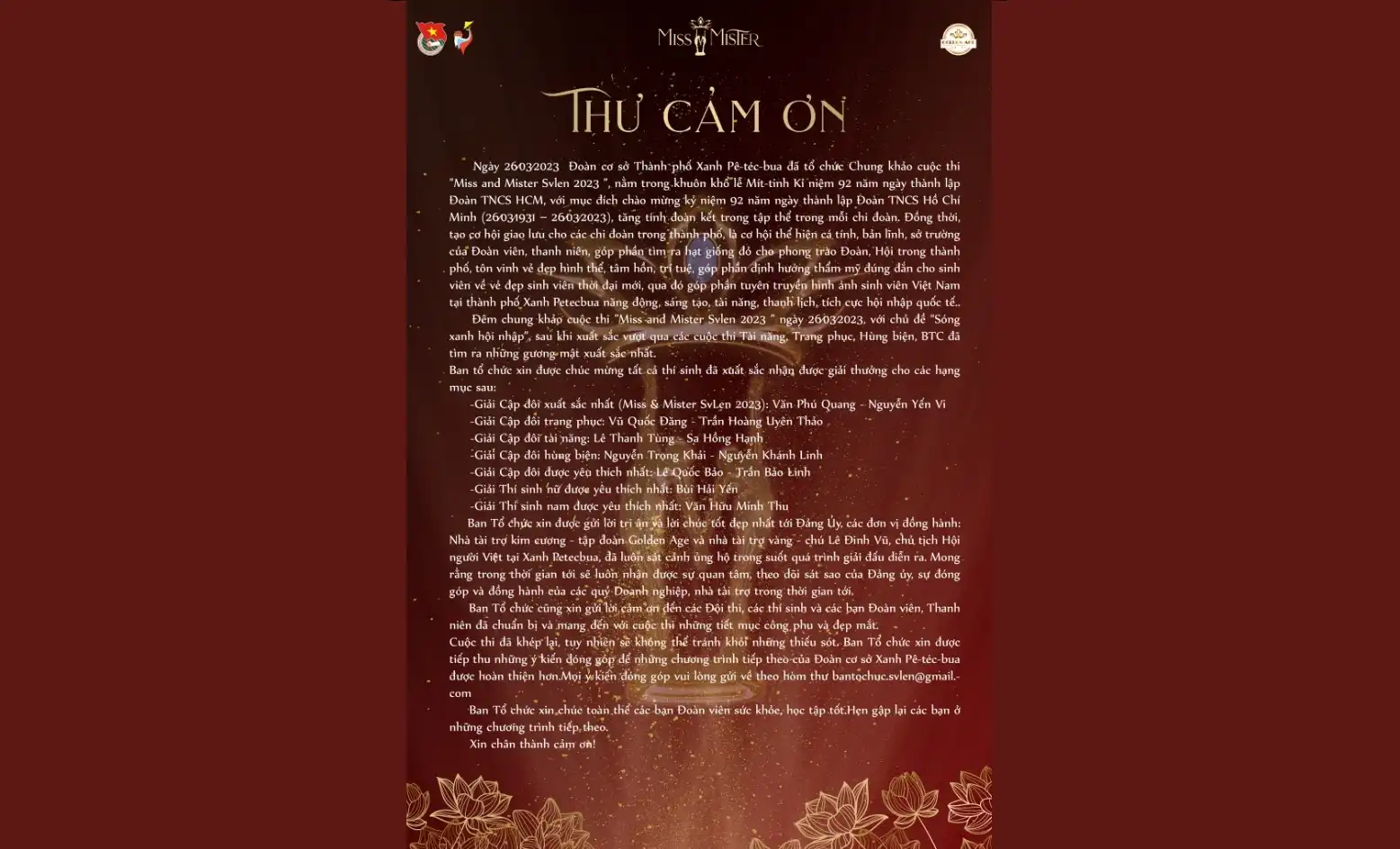 thu cam on tu ban to chuc miss mister svlen 2023