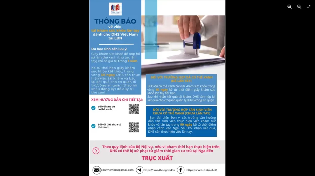 thong bao ve viec tai kham suc khoe lan tay cho du hoc sinh